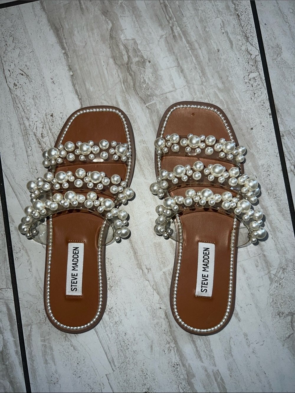 Steve Madden Tan Slide Sandals with Pearl-Strap Detail